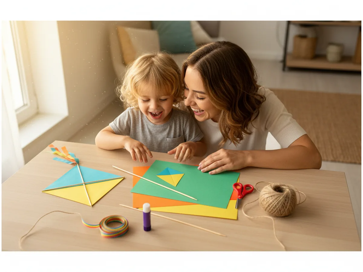 A mom and young child smiling at a craft table together while starting a kite craft paper project with colorful cardstock, bamboo skewers, ribbon, and child safe scissors
