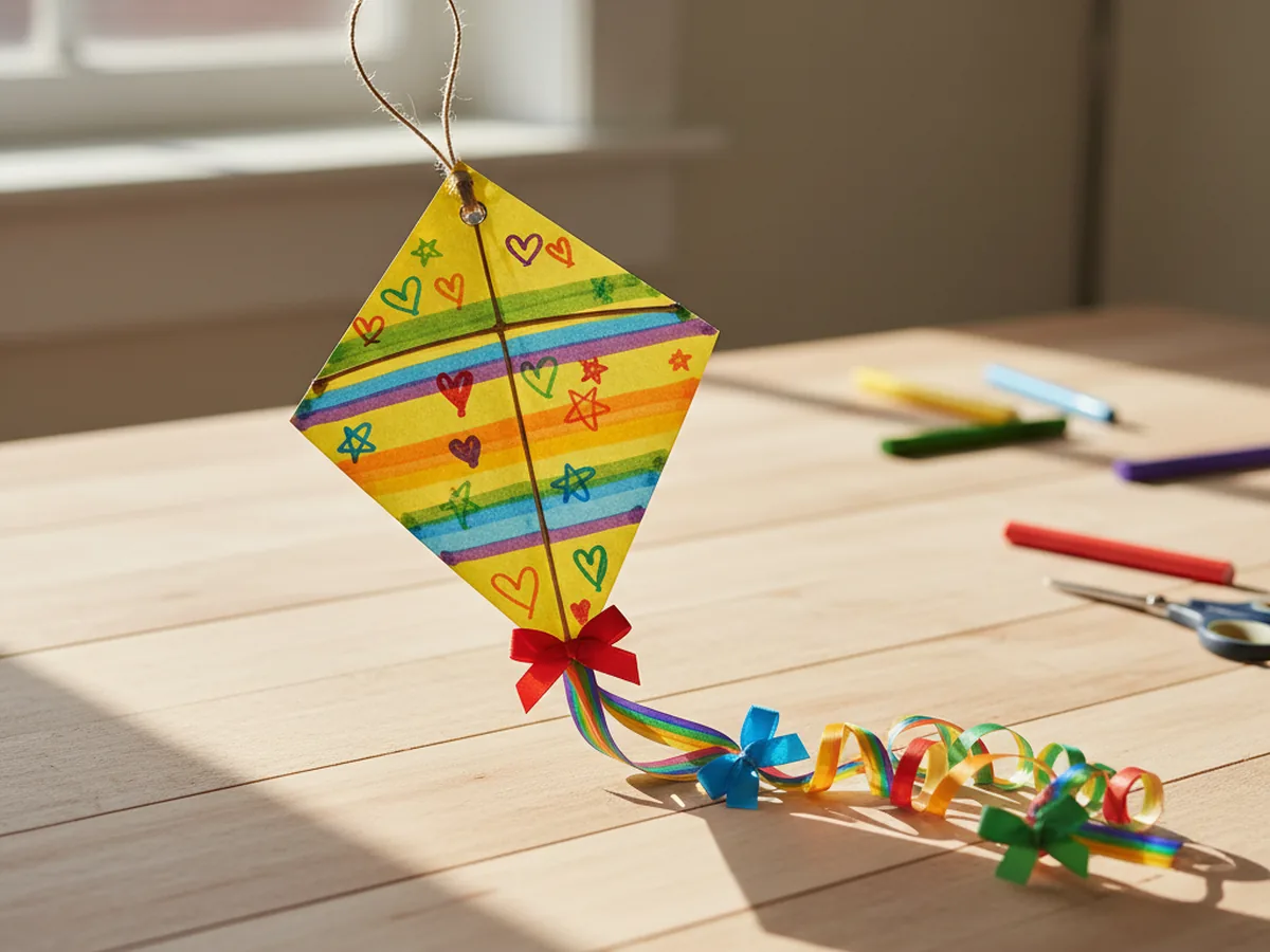 Finished kite craft paper project, a bright diamond shaped paper kite decorated with colorful patterns, a long ribbon tail with bows, and a jute twine kite line