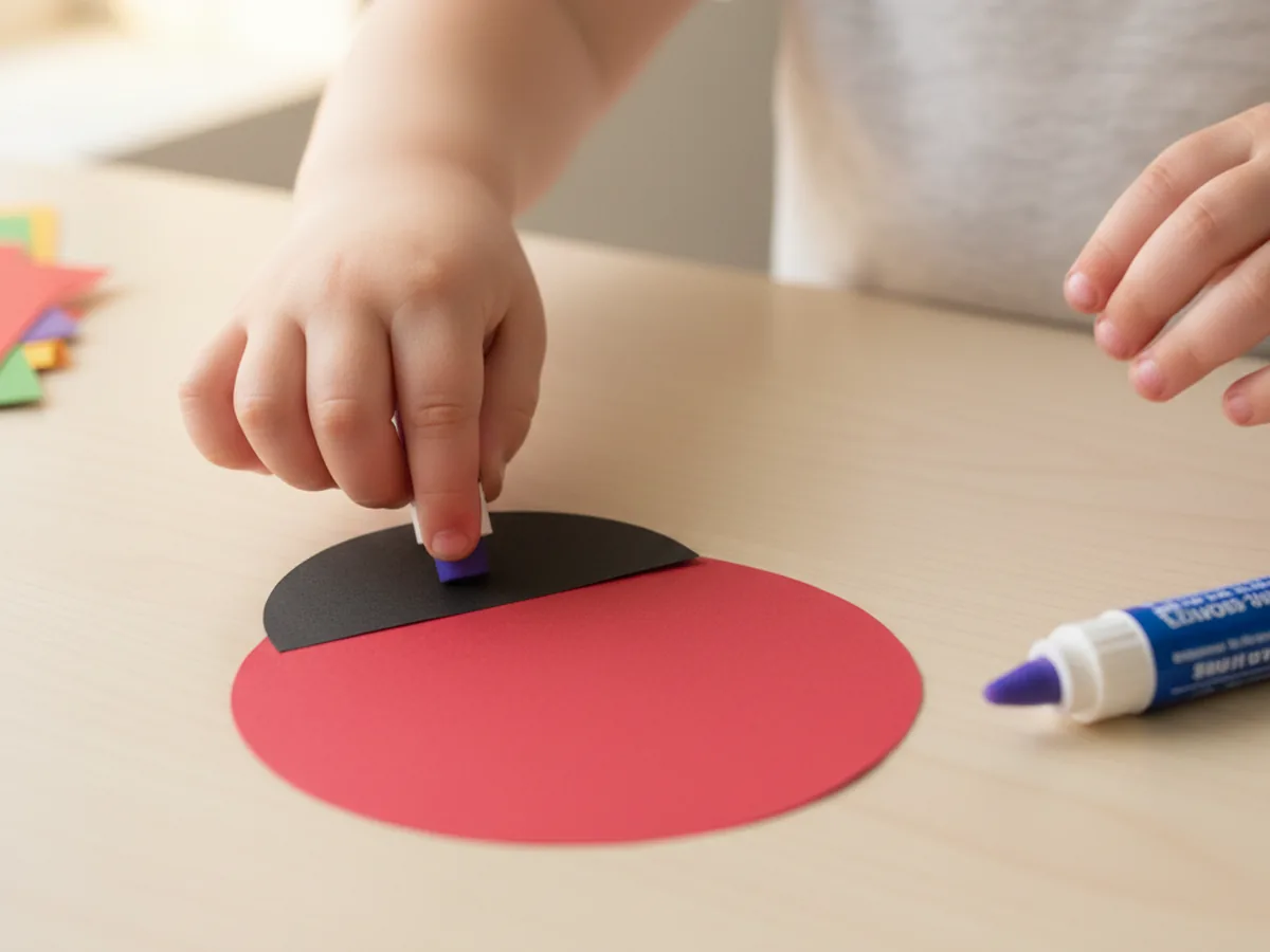 A child gluing a small black half-circle head onto the top of a red round body for a ladybug paper craft