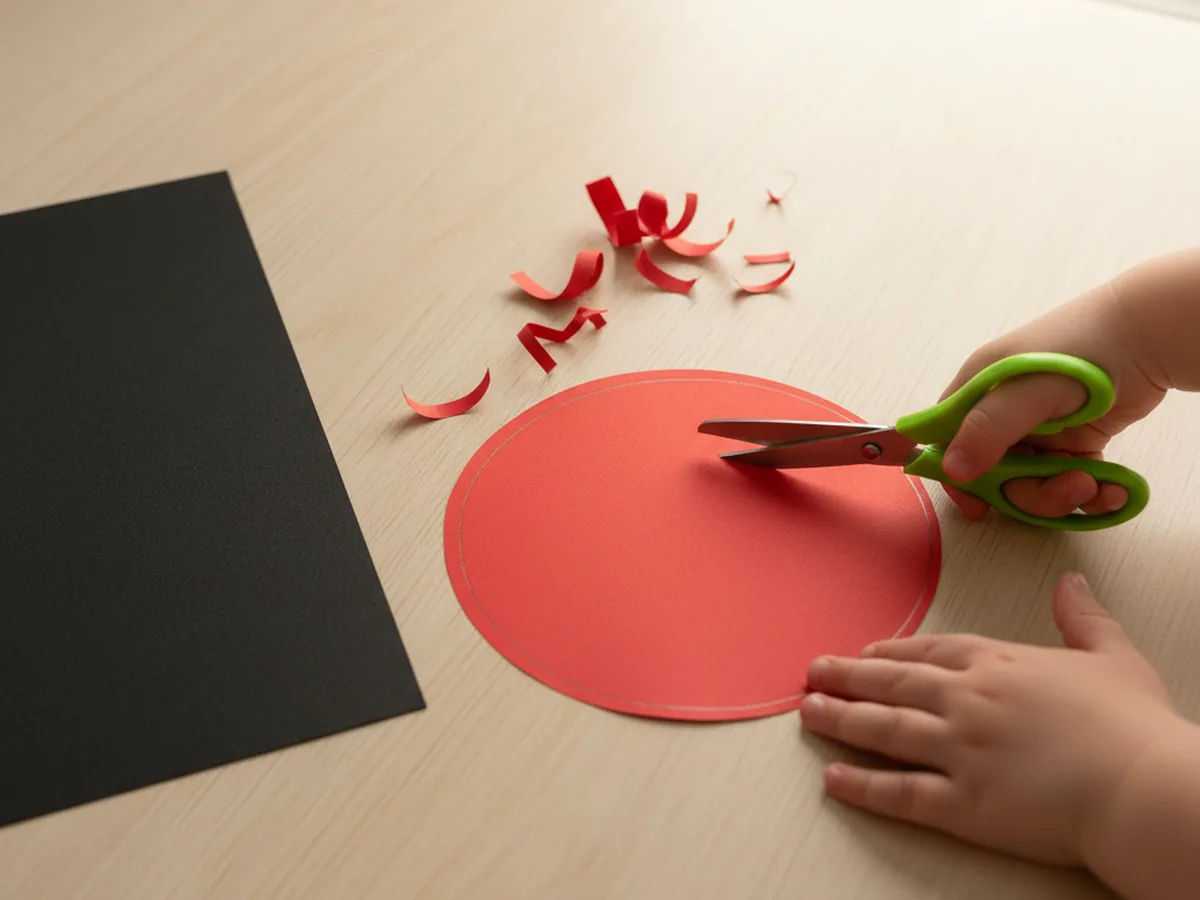 A child cutting out a large red round body shape from construction paper for a ladybug paper craft