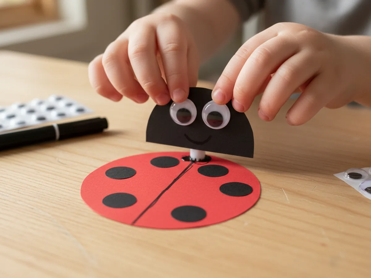 A child pressing two googly eyes onto the black head of a red ladybug paper craft with a small drawn smile