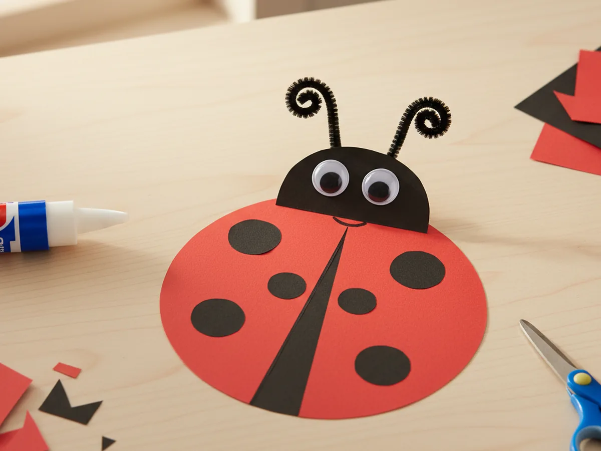 A finished cheerful ladybug paper craft with red body, small black head, googly eyes, black spots, drawn smile, and two black pipe cleaner antennae