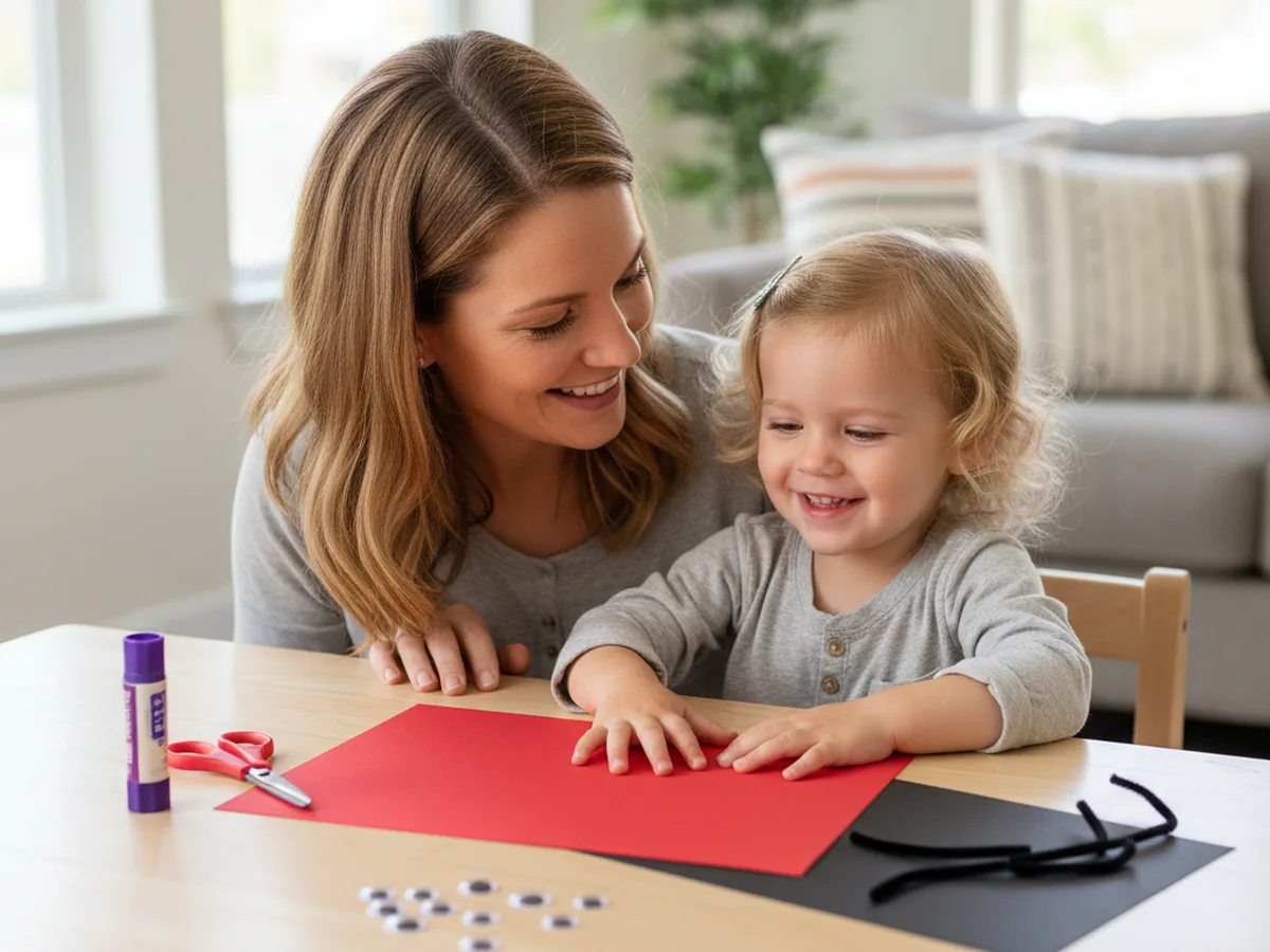 A mom and young child sitting together at a craft table with red and black construction paper for a ladybug paper craft project