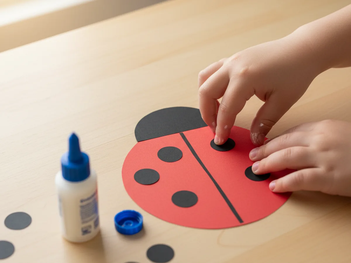 A child gluing small black paper circle spots across the red body of a ladybug paper craft