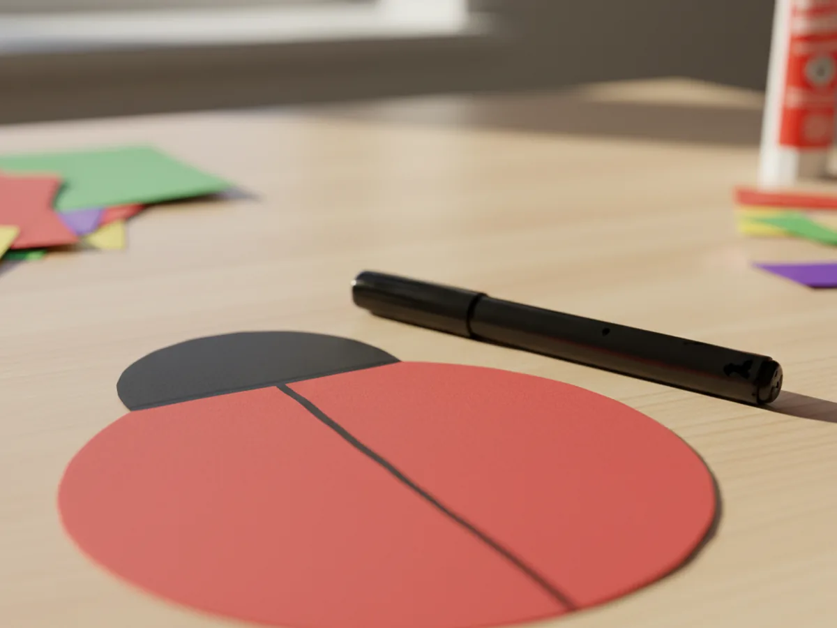 A red ladybug paper body with a small black head and a freshly drawn black wing line down the center on a craft table