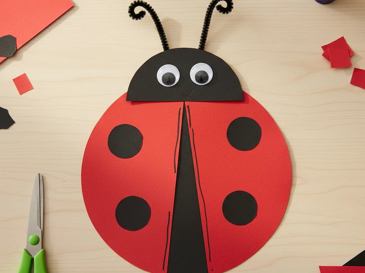 Finished cute ladybug paper craft with red round body, black head, googly eyes, black spots, and small black antennae on a craft table