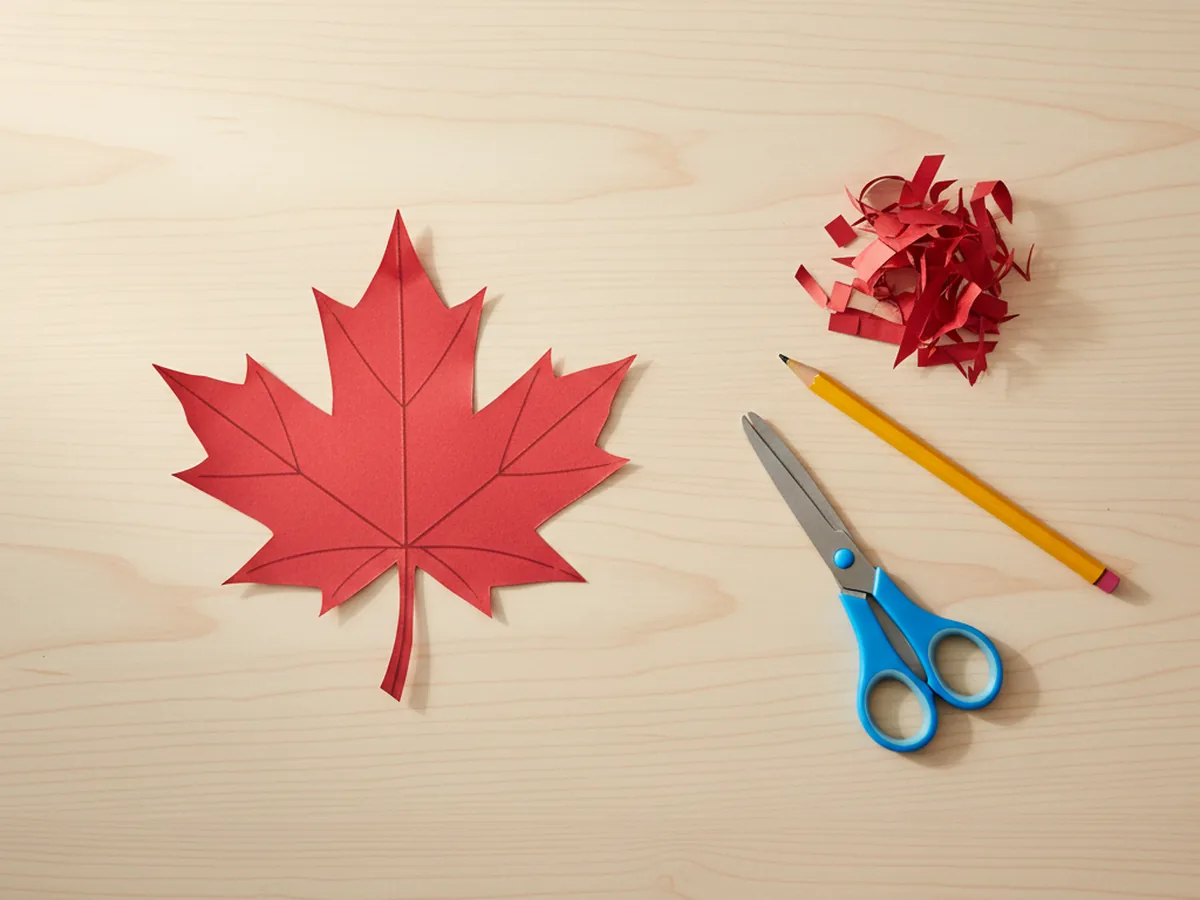 A red construction paper maple leaf shape just cut out by a child, lying on a white craft table with blunt tip kid scissors, a pencil, and red paper scraps nearby for a leaf craft paper project