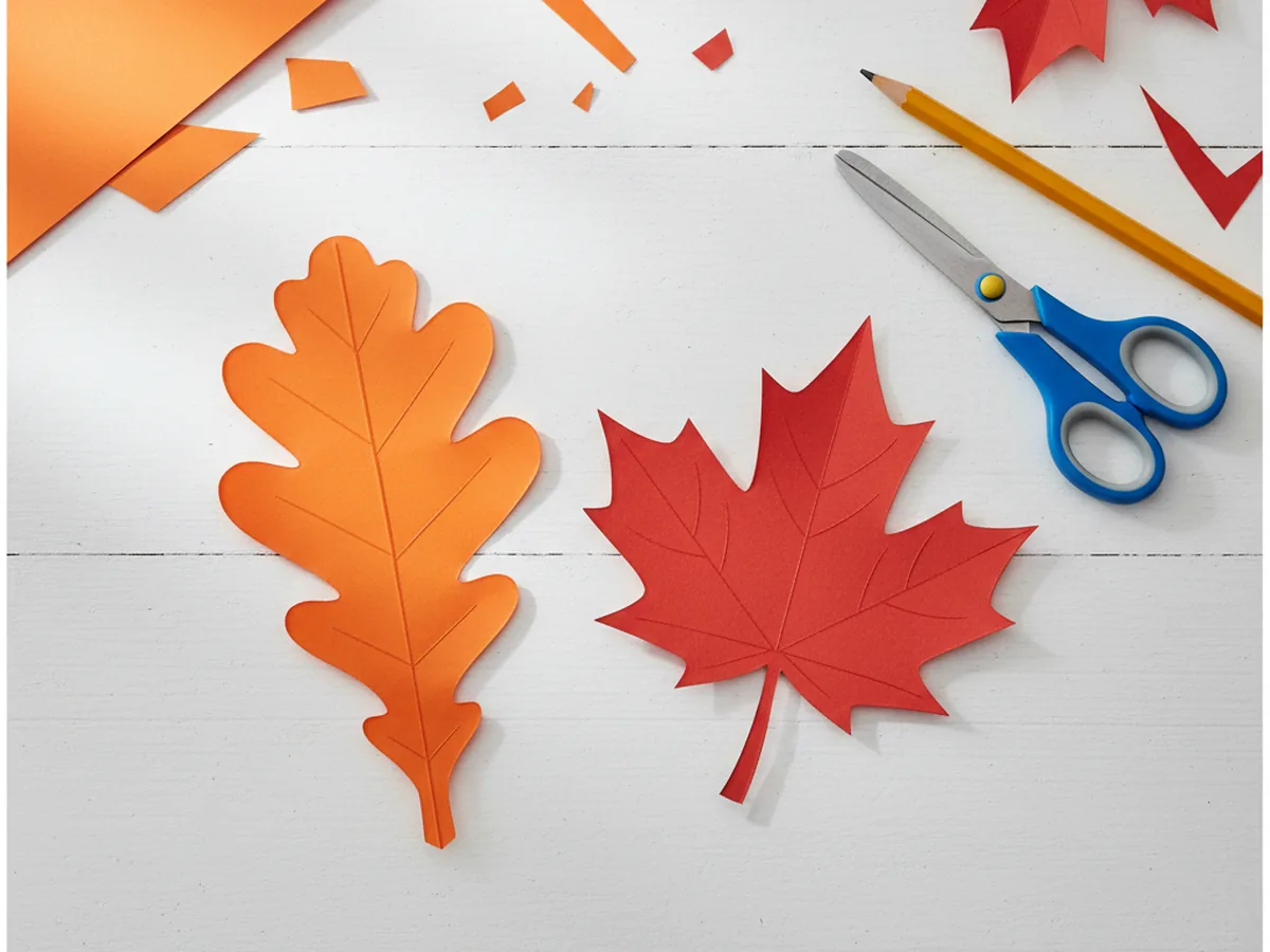 An orange construction paper oak leaf shape with wavy rounded lobes, just cut out by a child, lying next to a red maple paper leaf on a white craft table with orange paper scraps and blunt tip kid scissors