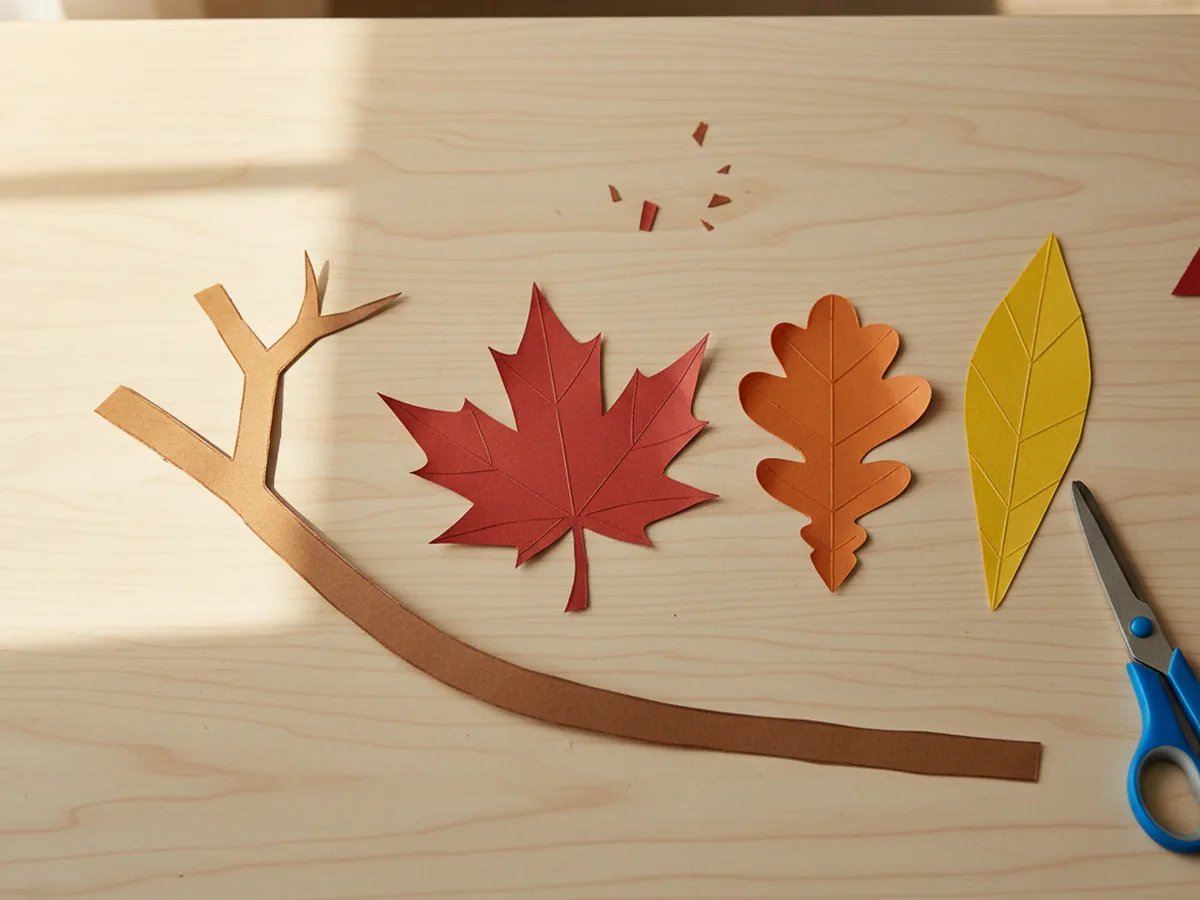 A long thin curved brown construction paper twig with a small Y shape branch at the top, just cut out and lying next to a red maple paper leaf, an orange oak paper leaf, and a yellow poplar paper leaf on a white craft table