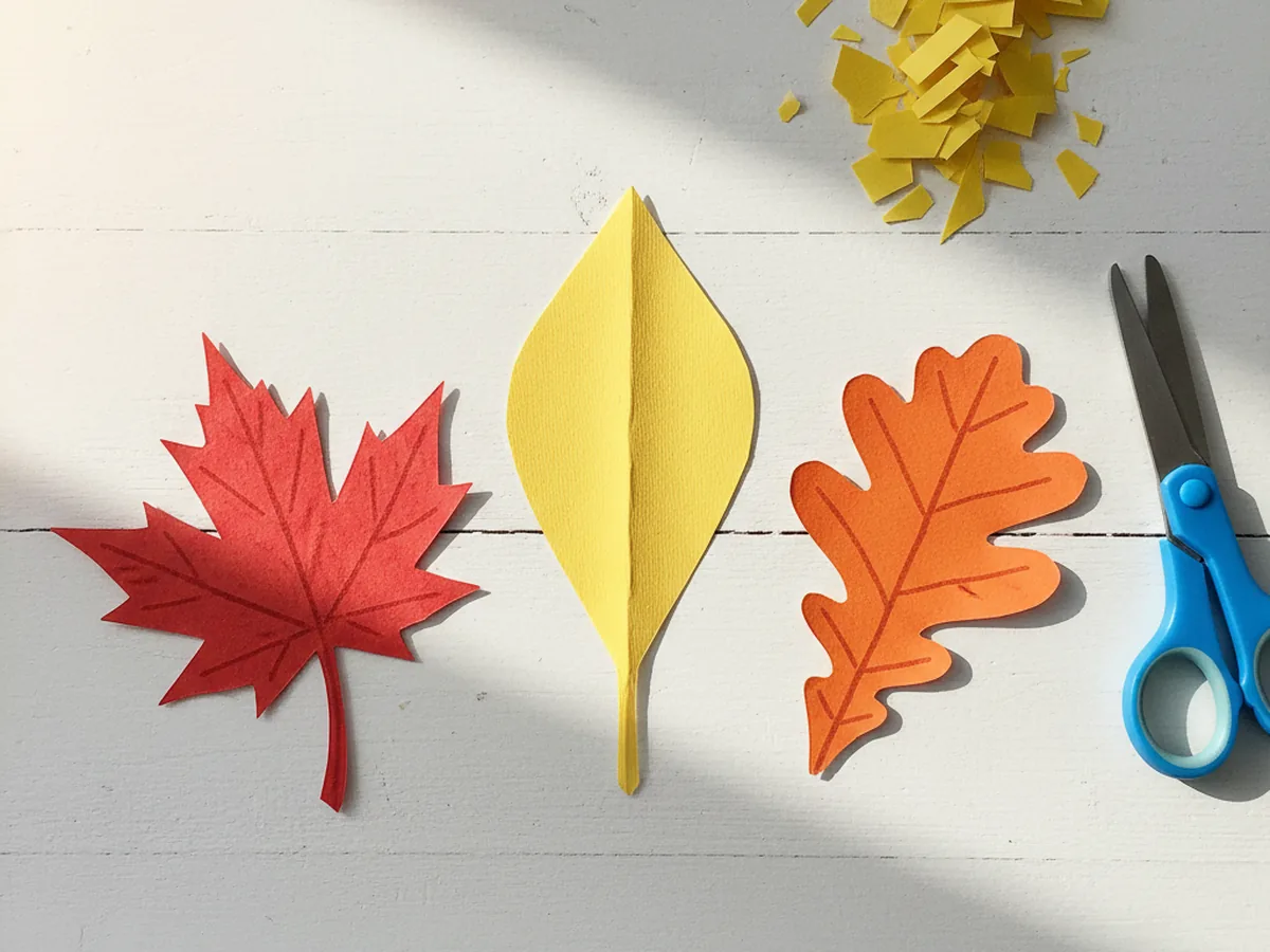 A long yellow construction paper teardrop shaped poplar leaf just cut out, lying next to a red maple paper leaf and an orange oak paper leaf on a white craft table for a leaf craft paper bouquet