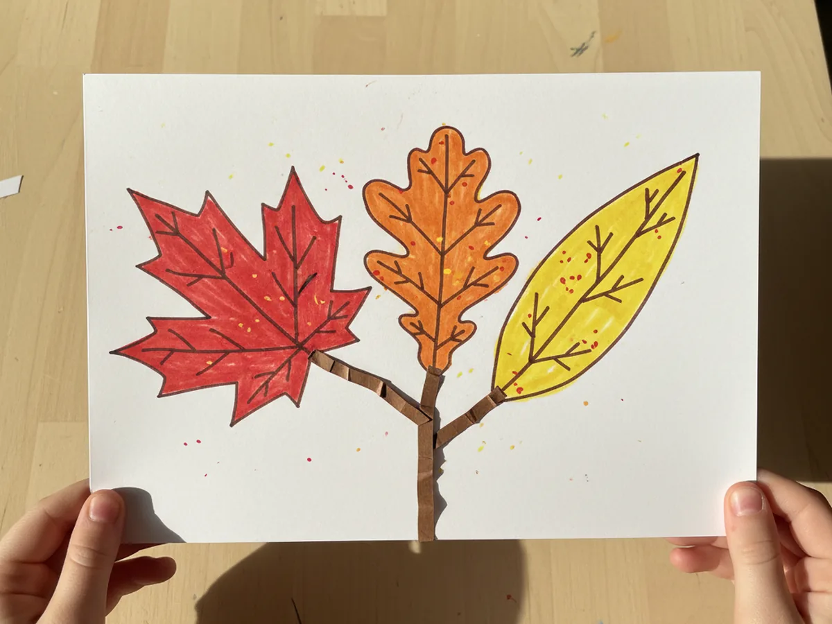 A finished handmade leaf craft paper bouquet on white cardstock held up by small child hands, showing a brown paper twig with a red maple leaf, an orange oak leaf, and a yellow poplar leaf, each one decorated with brown marker center veins, branching veins, and tiny colorful freckles