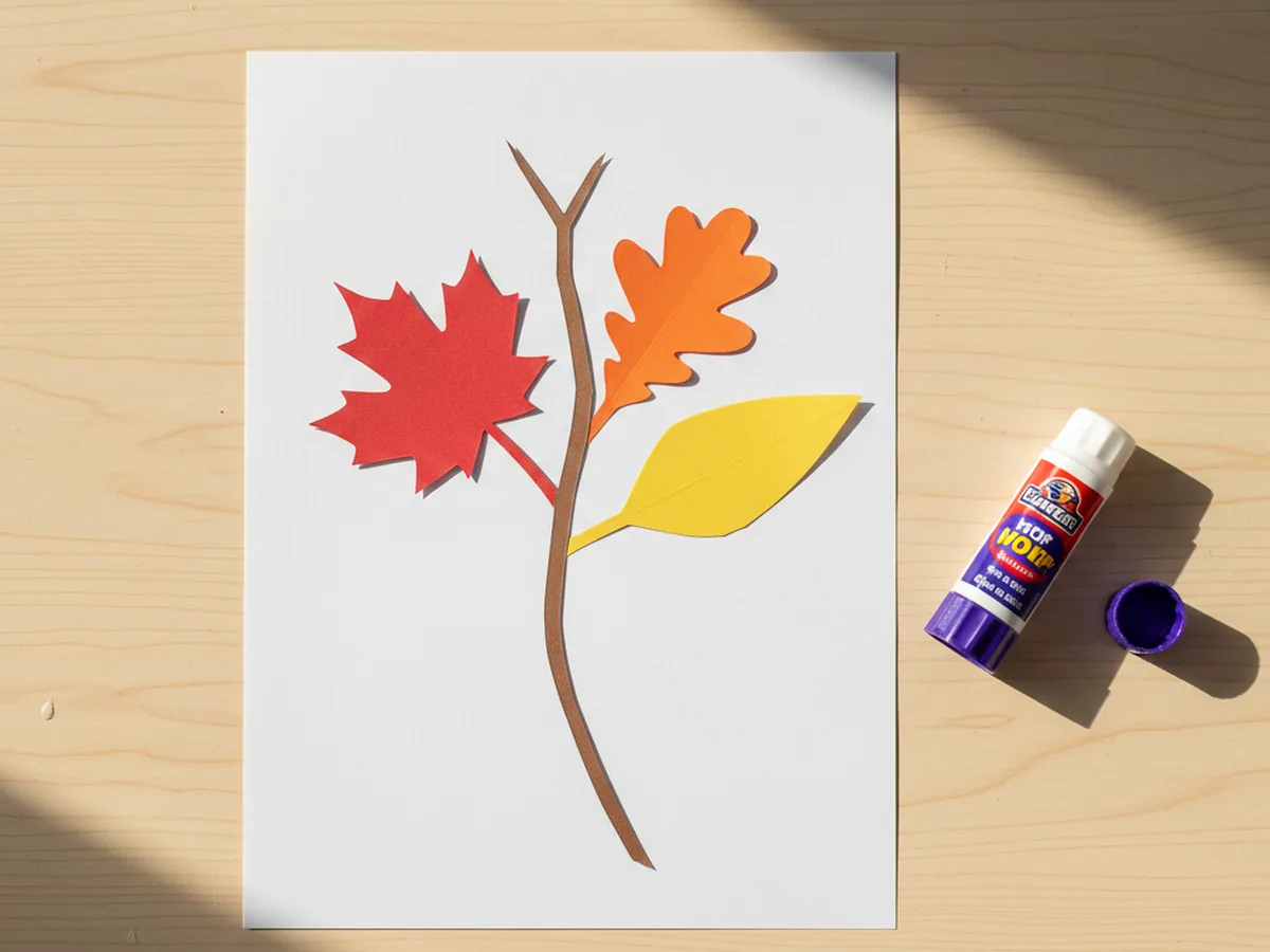 A white cardstock with a brown paper twig glued vertically down the middle and a red paper maple leaf, orange paper oak leaf, and yellow paper poplar leaf glued fanning out from the twig like a fall bouquet, with an open purple glue stick beside it