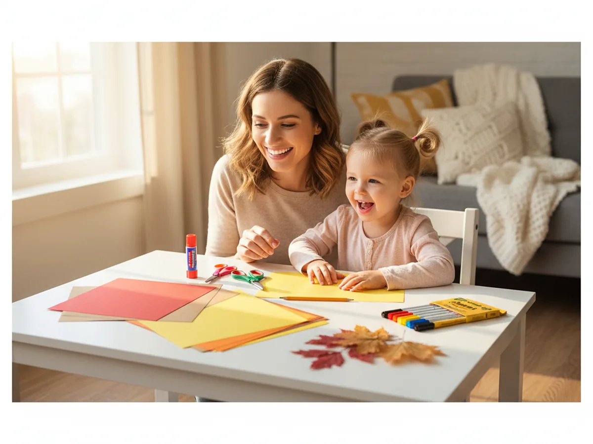 A young mom and her preschool aged daughter sitting at a white craft table with stacks of red, orange, yellow, and brown construction paper, blunt tip kid scissors, a purple glue stick, and broad line markers, getting ready to start a leaf craft paper bouquet