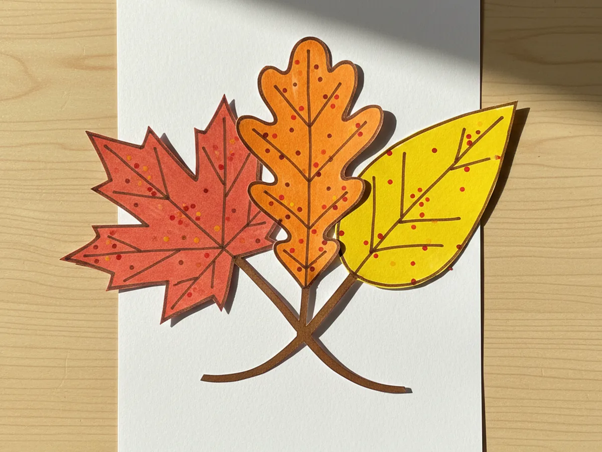 Finished leaf craft paper bouquet on white cardstock with a red maple leaf, an orange oak leaf, and a long yellow poplar leaf fanning out from a curved brown paper twig with marker veins drawn on each leaf