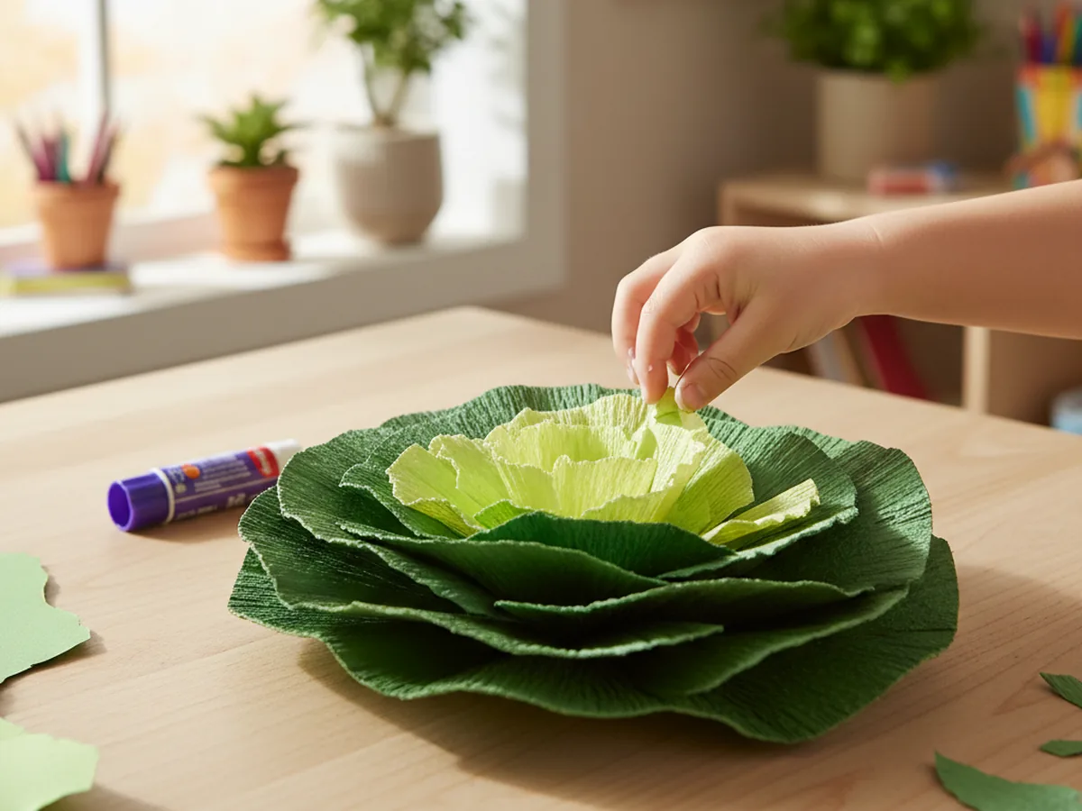 A paper lettuce craft in progress with darker outer green leaves already glued in a layered ring and a child's hand placing smaller paler yellow green inner leaves in the center to build a rounded paper lettuce head on a light wood craft table