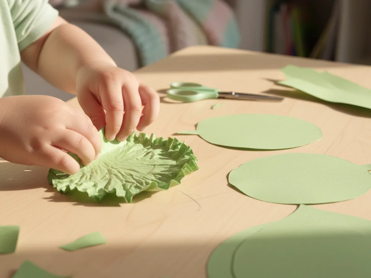 A child's hands gently crinkling the wavy edges of a light green paper lettuce leaf to add ruffled texture with several other green paper leaves on a light wood craft table some already crinkled some still flat