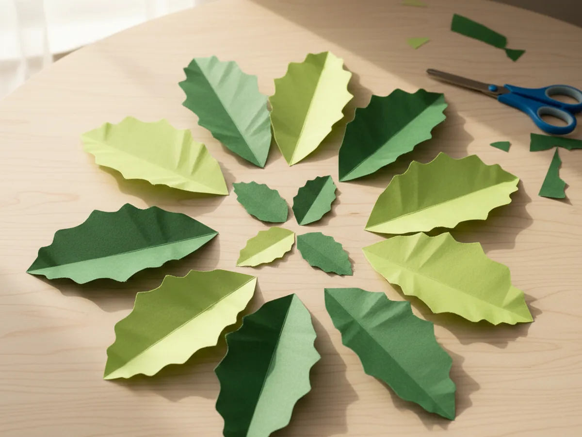 Eight to ten lettuce shaped paper leaves in different sizes cut from light green and dark green construction paper laid flat on a light wood craft table next to kid safety scissors and small green paper scraps