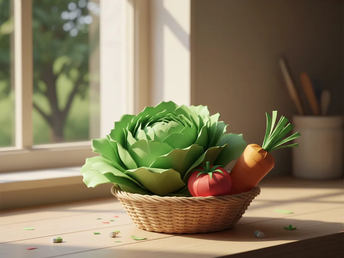 The finished paper lettuce craft displayed in a small woven kitchen basket alongside a paper tomato and a paper carrot on a light wood kitchen counter near a window with warm natural sunlight