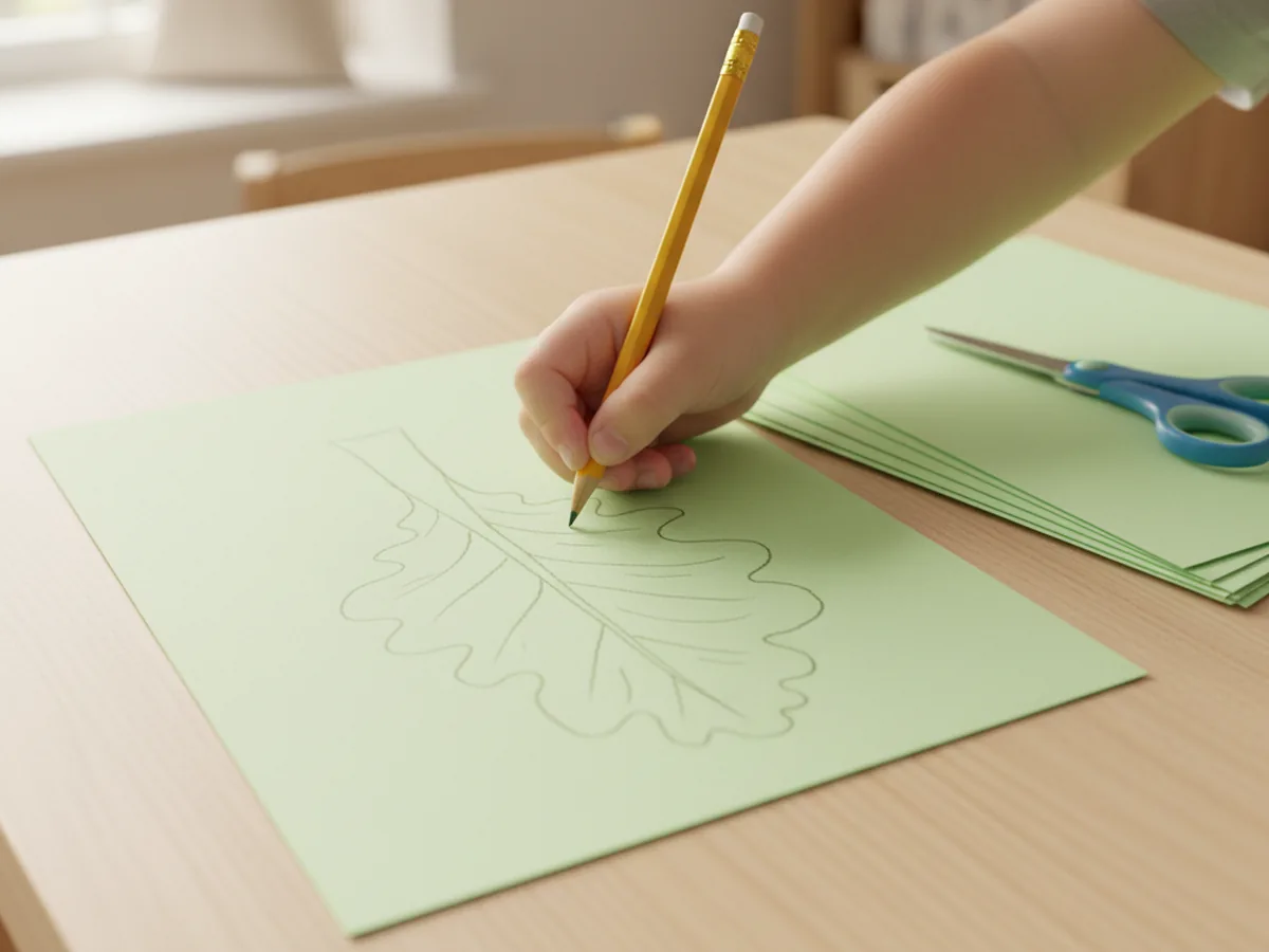 A child's hand drawing a wavy curvy lettuce leaf shape with a pencil onto a sheet of light green construction paper on a light wood craft table with other green paper sheets and kid safety scissors nearby