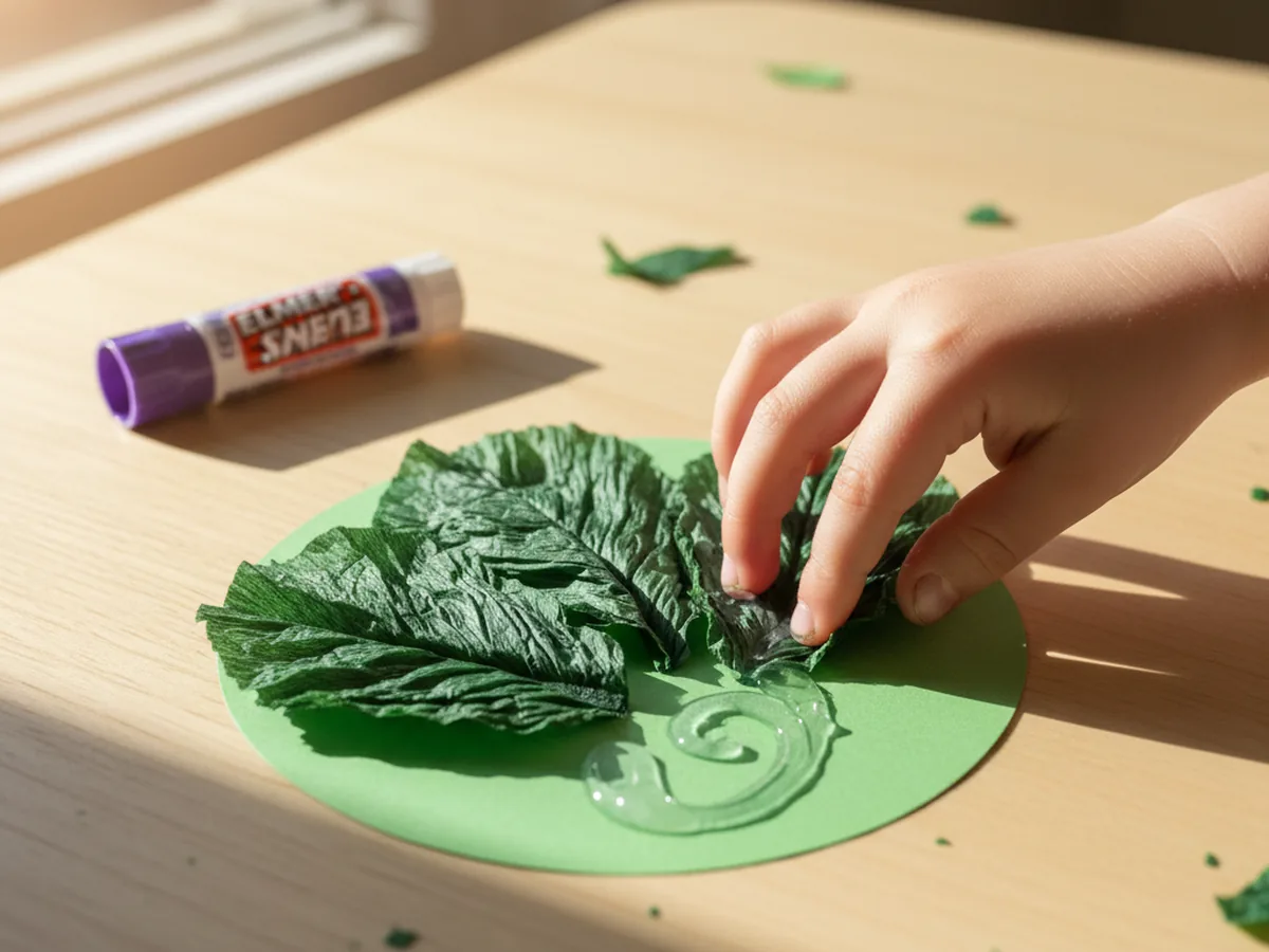 A child's hand pressing a darker green wavy lettuce leaf with glue onto a small round green cardstock base with three other darker green outer leaves already attached forming a ring around the edge of the base on a light wood craft table