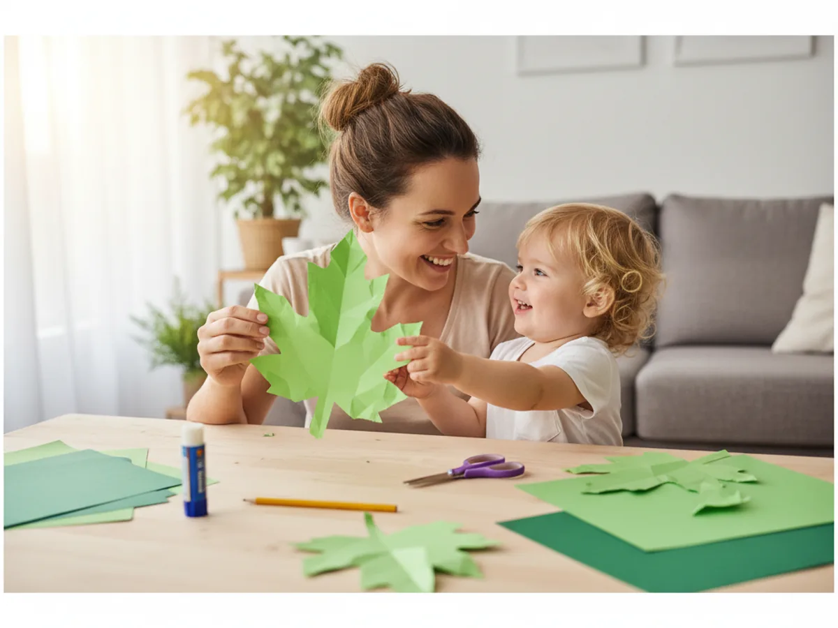 A mom and a young child sitting at a light wood craft table together with sheets of light green and dark green construction paper kid safety scissors a glue stick and a pencil ready to make a lettuce paper craft