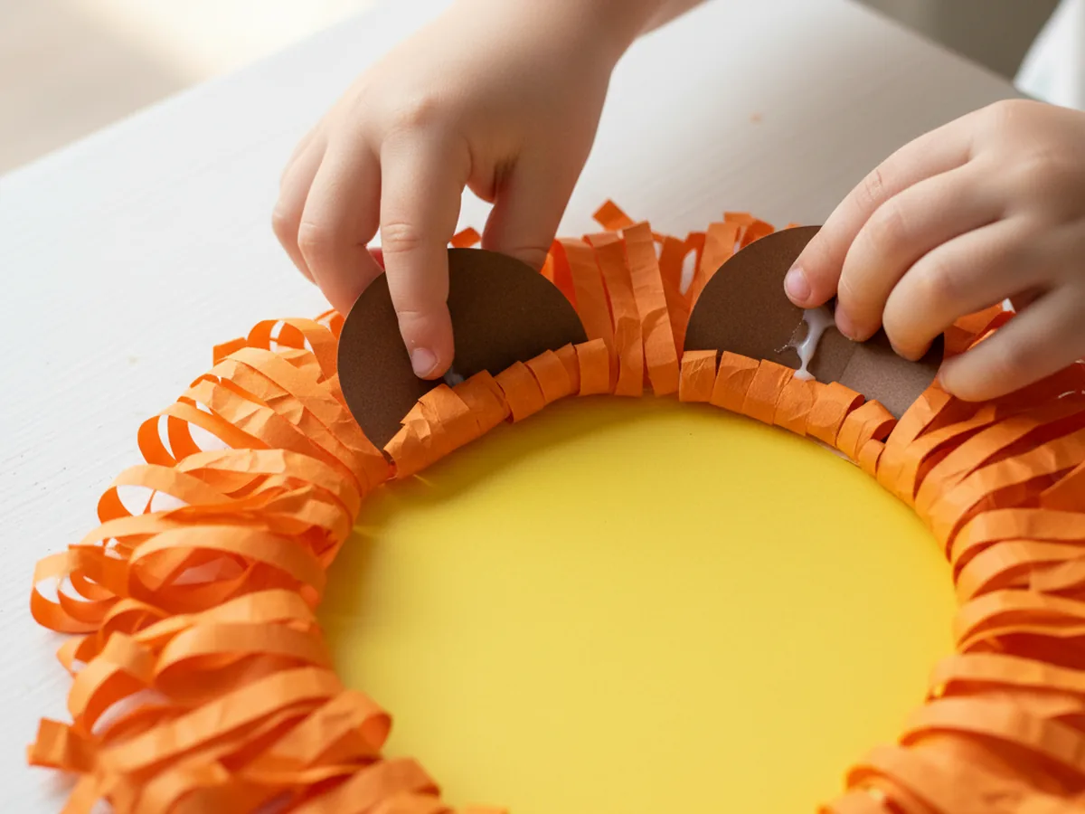 A child gluing two small brown paper ears to the top of a yellow lion face with an orange fringed mane