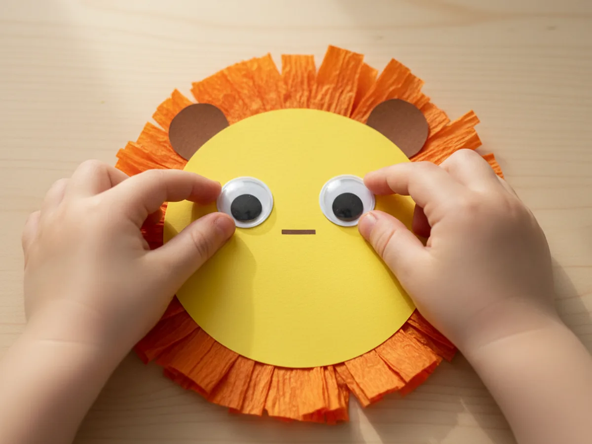 A child pressing two self-adhesive googly eyes onto the front of a yellow paper lion face with orange mane and brown ears