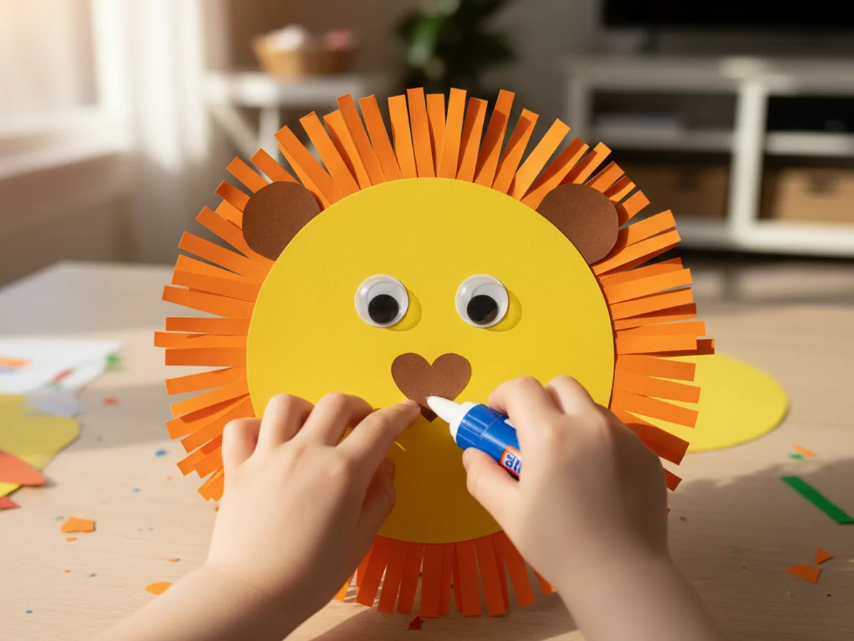 A child gluing a small brown heart-shaped nose to the middle of a yellow paper lion face with orange mane and googly eyes