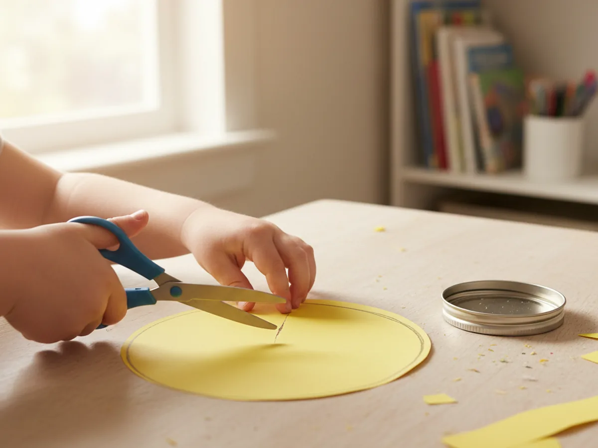 A child cutting out a large yellow circle face shape from construction paper for a paper lion craft