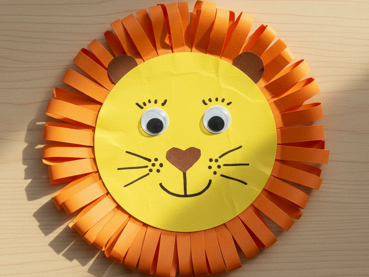 A finished cheerful paper lion craft with yellow face, fringed orange mane, brown ears, googly eyes, heart nose, and drawn whiskers