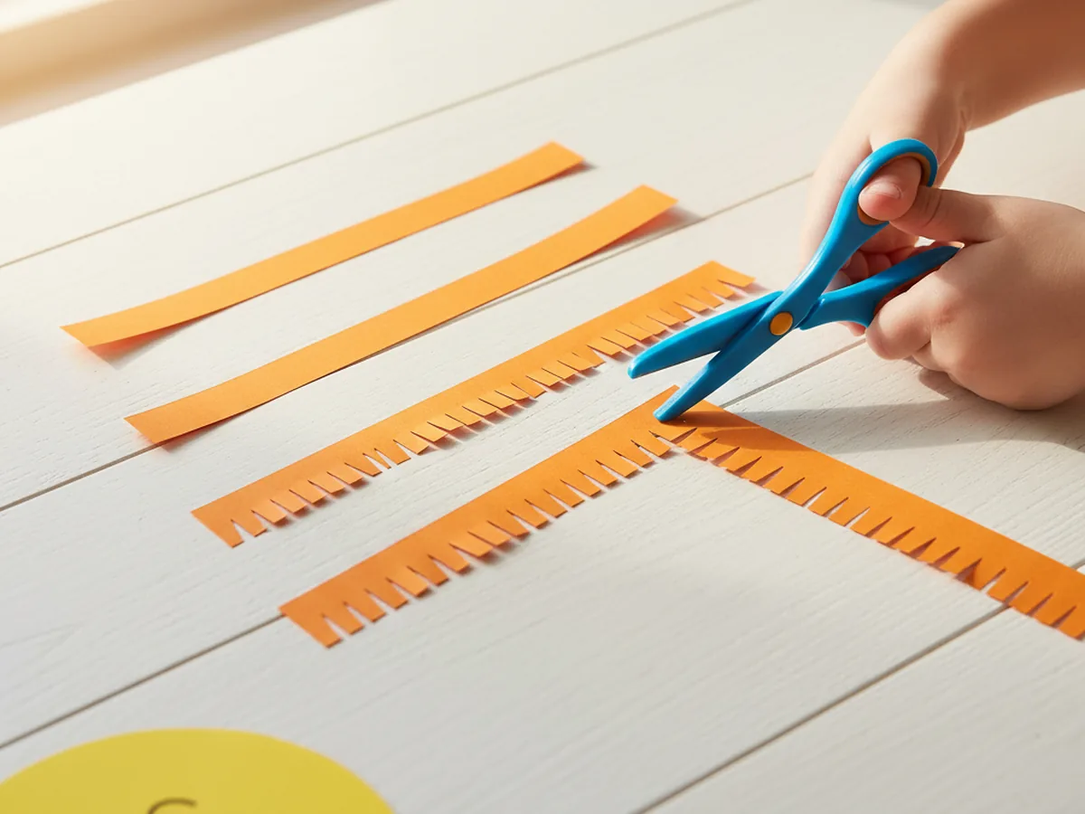 A child fringing the long edge of orange construction paper strips with small scissor snips for a paper lion mane