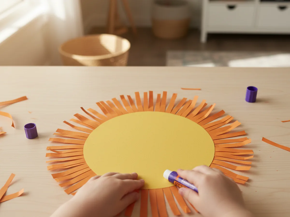 A child gluing fringed orange paper strips around the back edge of a yellow circle to create a paper lion mane