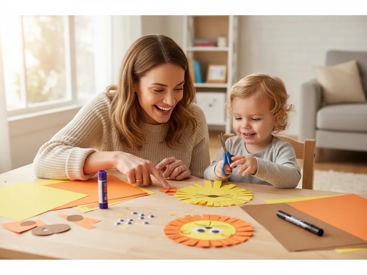 A mom and young child sitting together at a craft table with yellow, orange, and brown construction paper for a paper lion craft