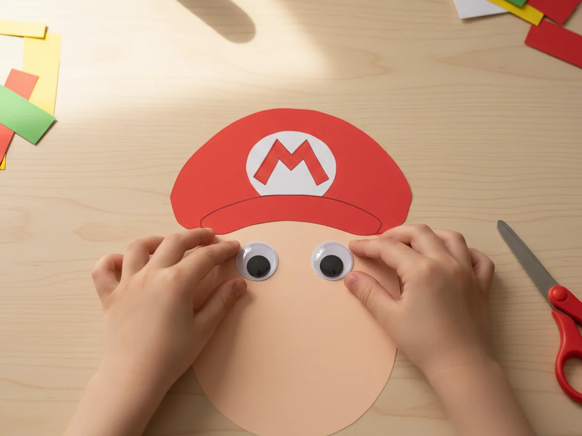 A child pressing two self-adhesive googly eyes onto a tan paper face wearing a red cap with a white circle and red M for a Mario paper craft