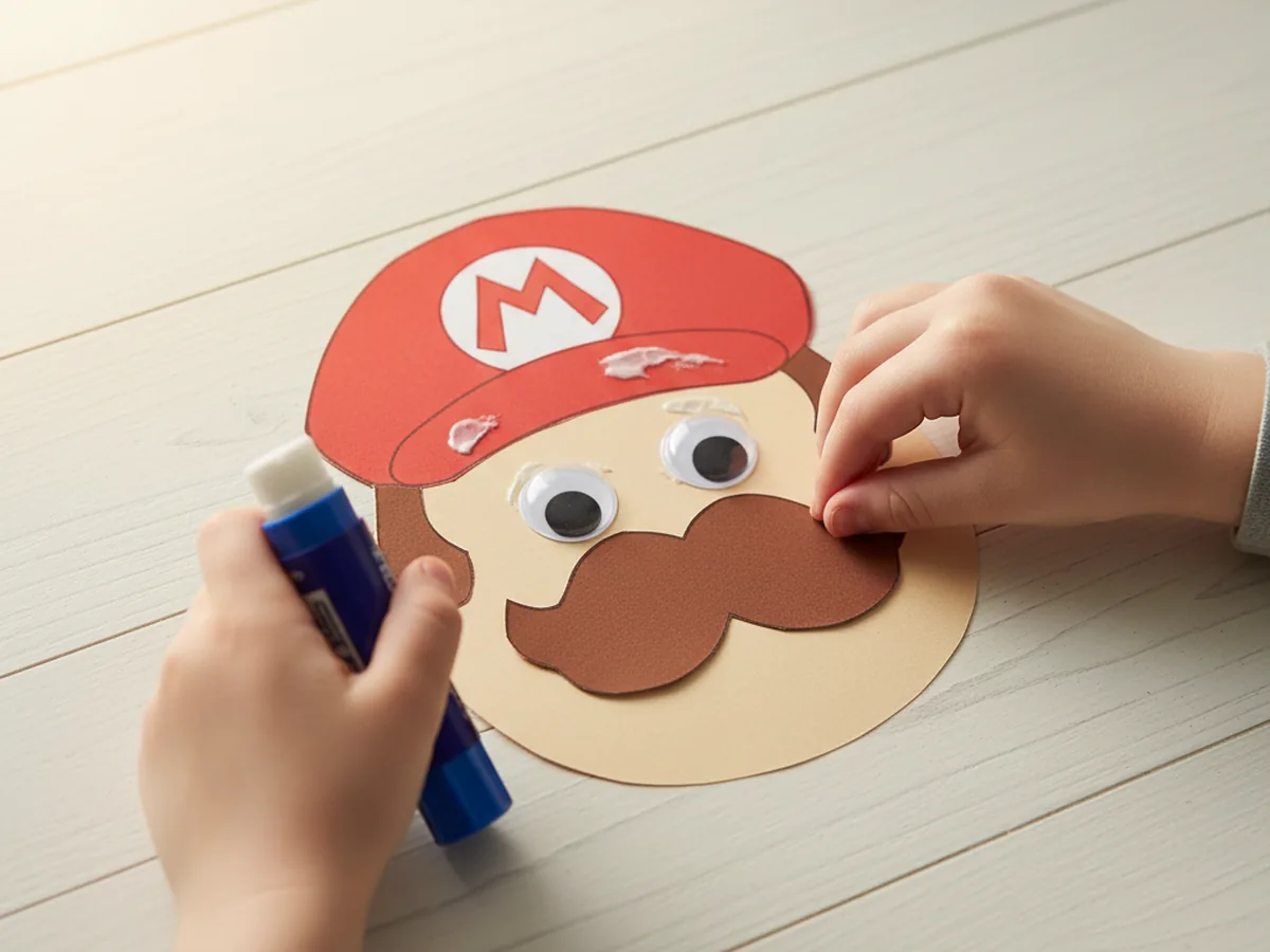 A child gluing a thick brown paper mustache below the eyes of a Mario paper craft face with a red cap and red M logo