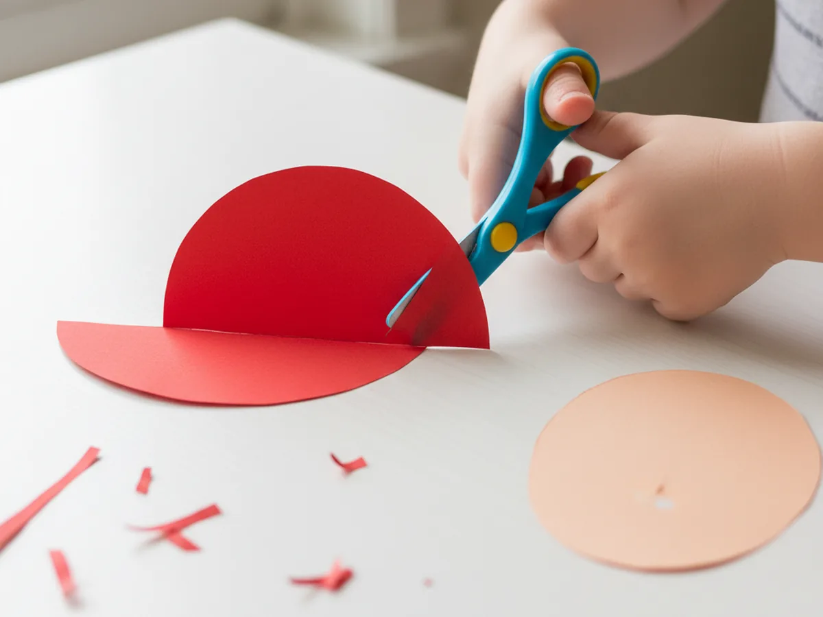 A child cutting out a red half-circle cap with a curved brim from construction paper for a Mario paper craft