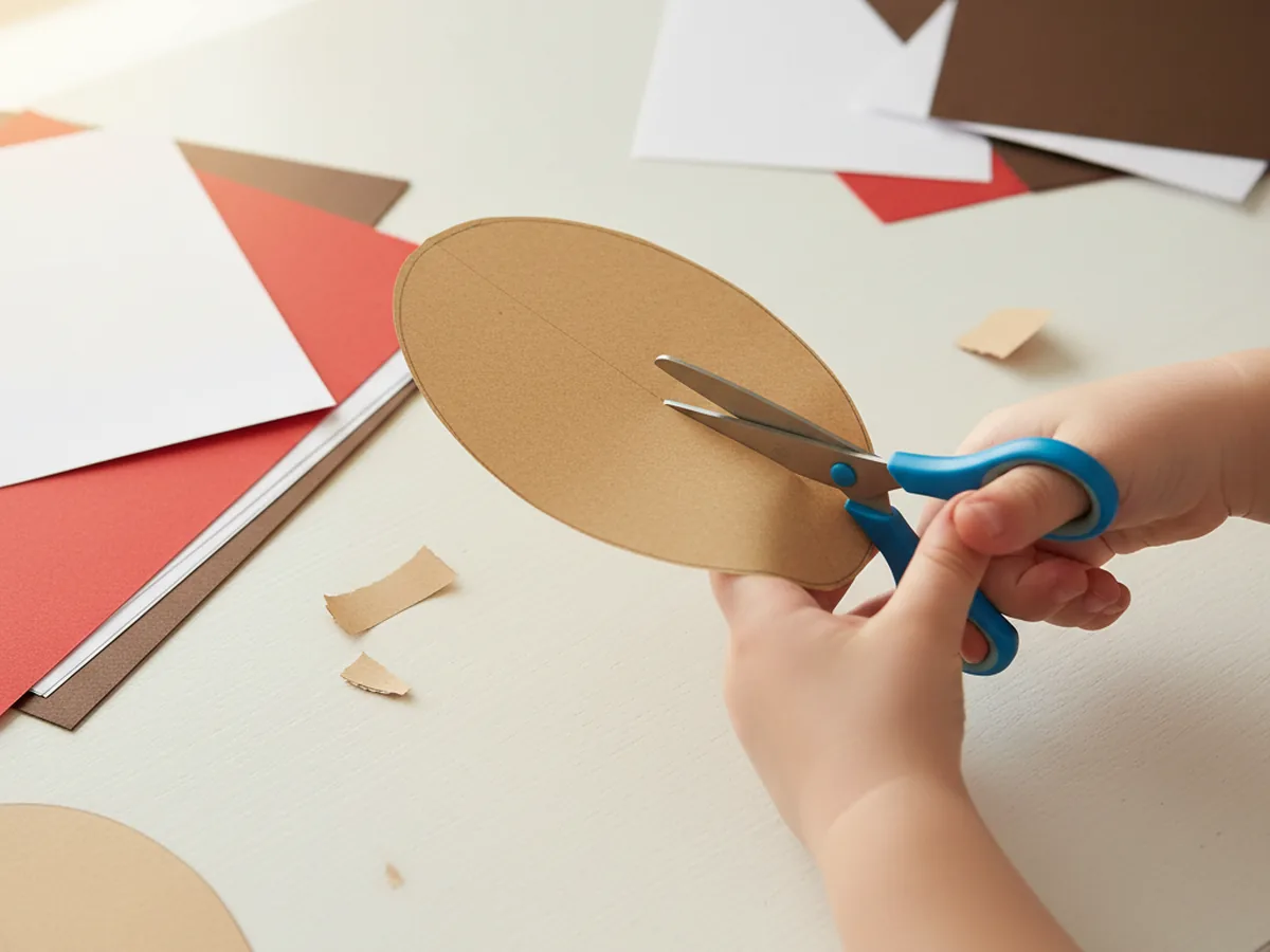 A child cutting out a large tan oval face shape from construction paper for a Mario paper craft