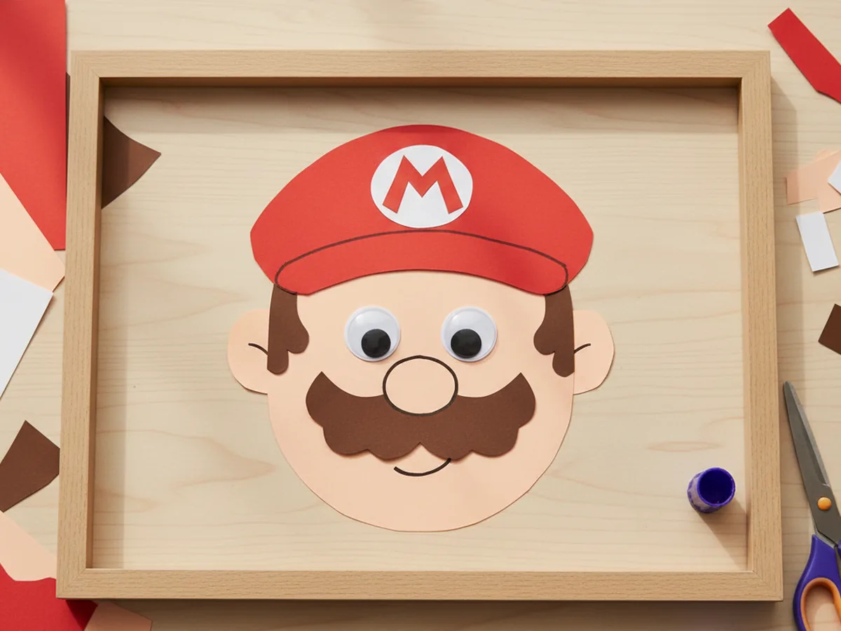 A finished cheerful Mario paper craft with red cap and white circle red M logo, tan face, brown mustache, googly eyes, drawn nose and smile