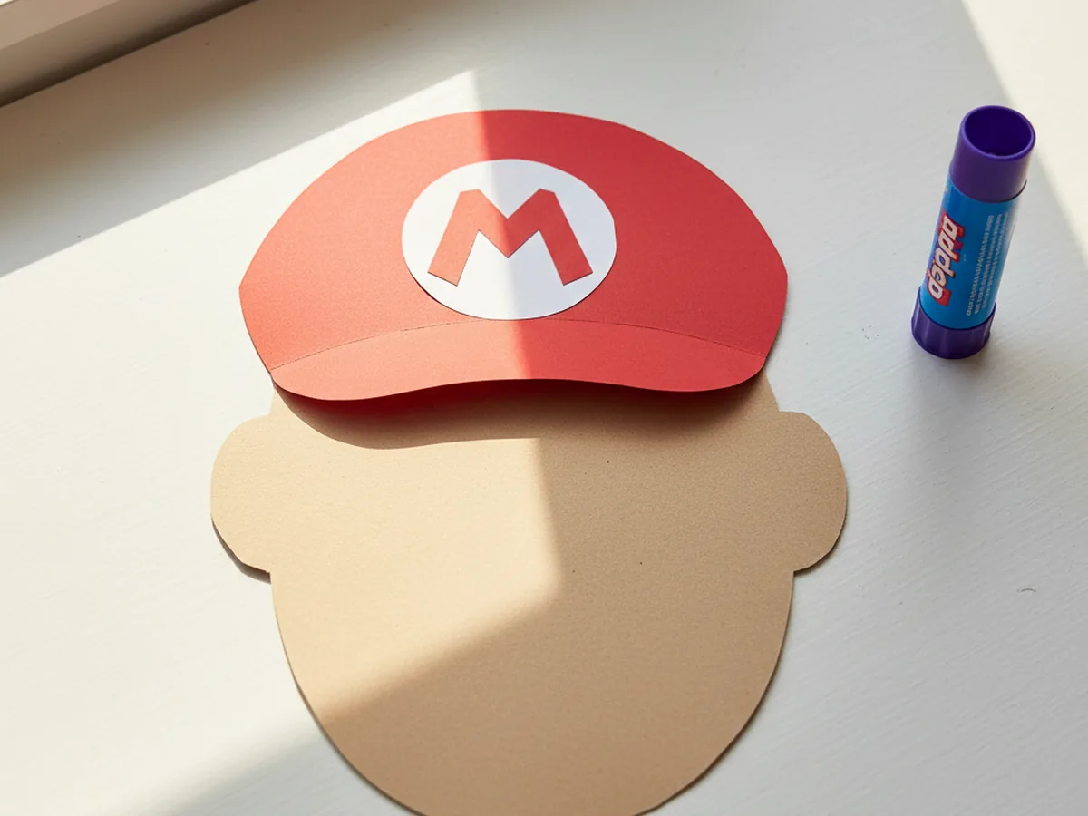 A tan oval face with a red cap, white circle, and red M logo glued on for a Mario paper craft, lying on a craft table