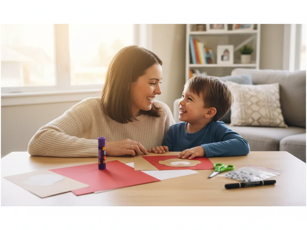 A mom and young child sitting together at a craft table with red, tan, white, and brown construction paper for a Mario paper craft