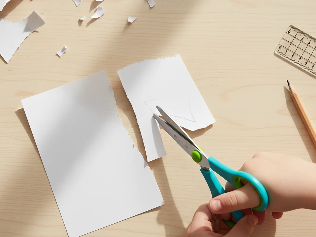 A child cutting two white paper rectangles for a marshmallow paper craft on a wooden craft table
