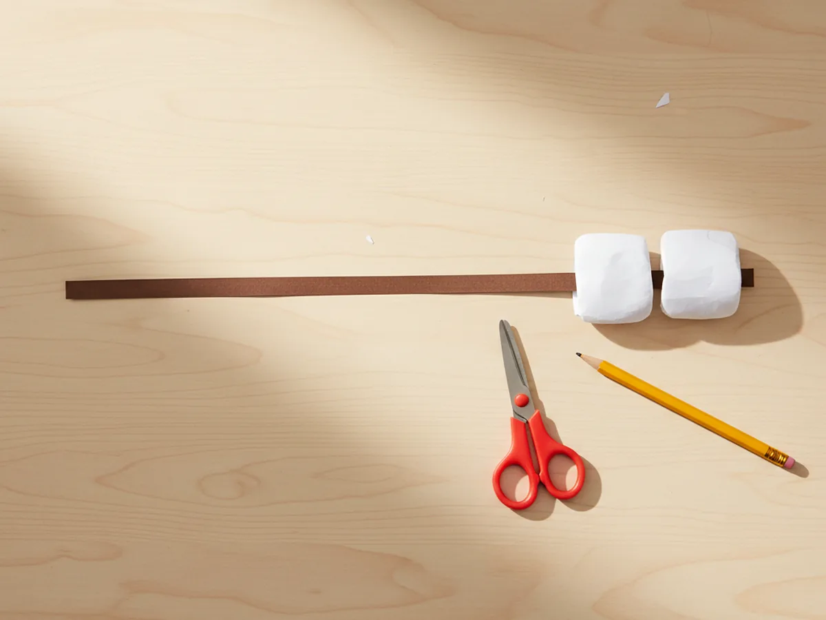 A long thin brown paper roasting stick cut for a marshmallow paper craft, laid next to two white paper marshmallow shapes