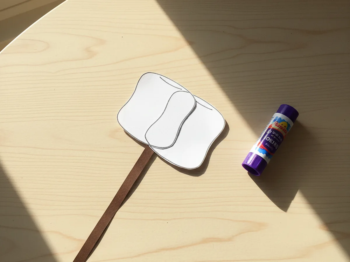 Two stacked white paper marshmallows glued on top of a brown paper roasting stick on a craft table for a marshmallow paper craft