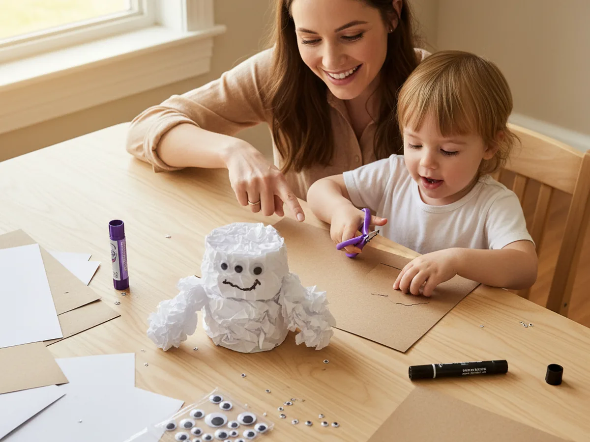 A mom and young child sitting together at a craft table with white and brown construction paper, scissors, and glue for a marshmallow paper craft