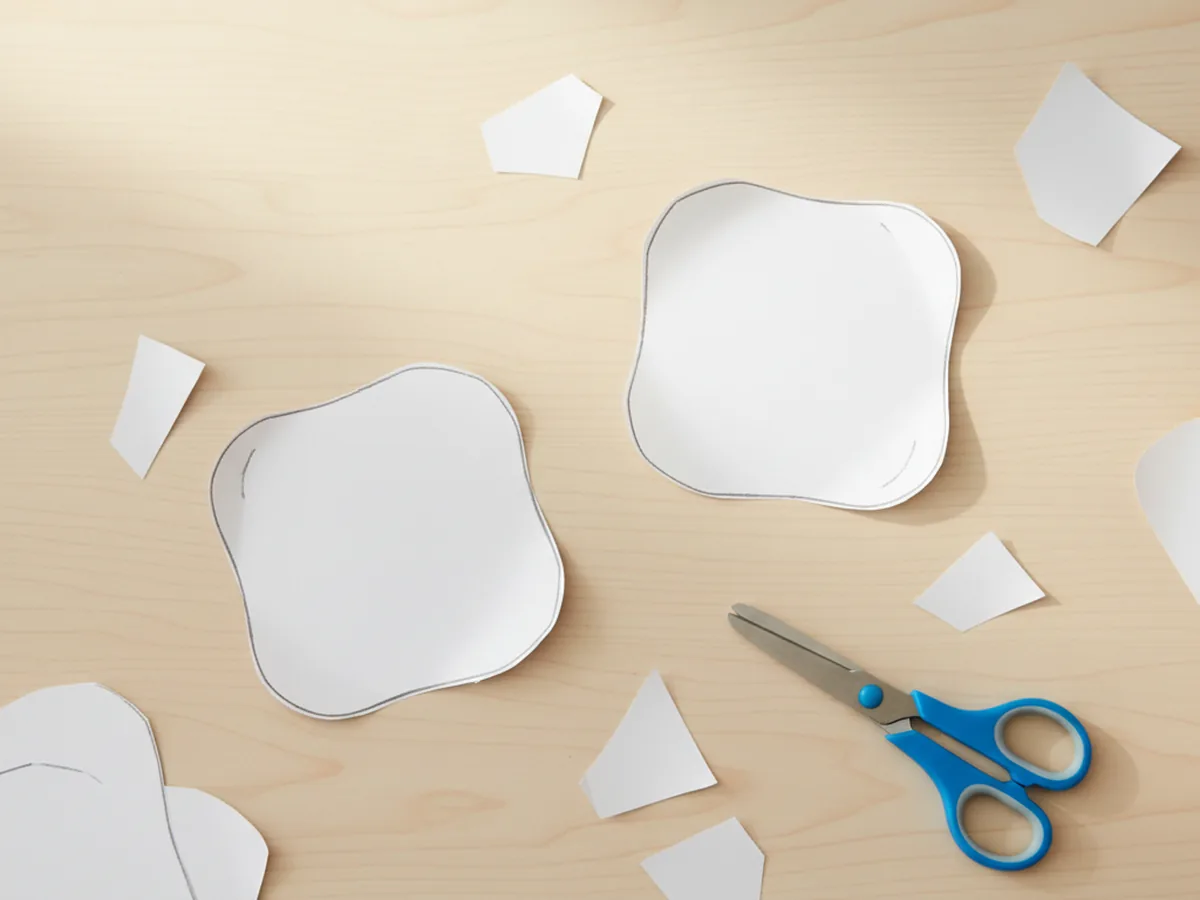 Two white paper marshmallow shapes with softly rounded corners on a wooden craft table next to small scissors
