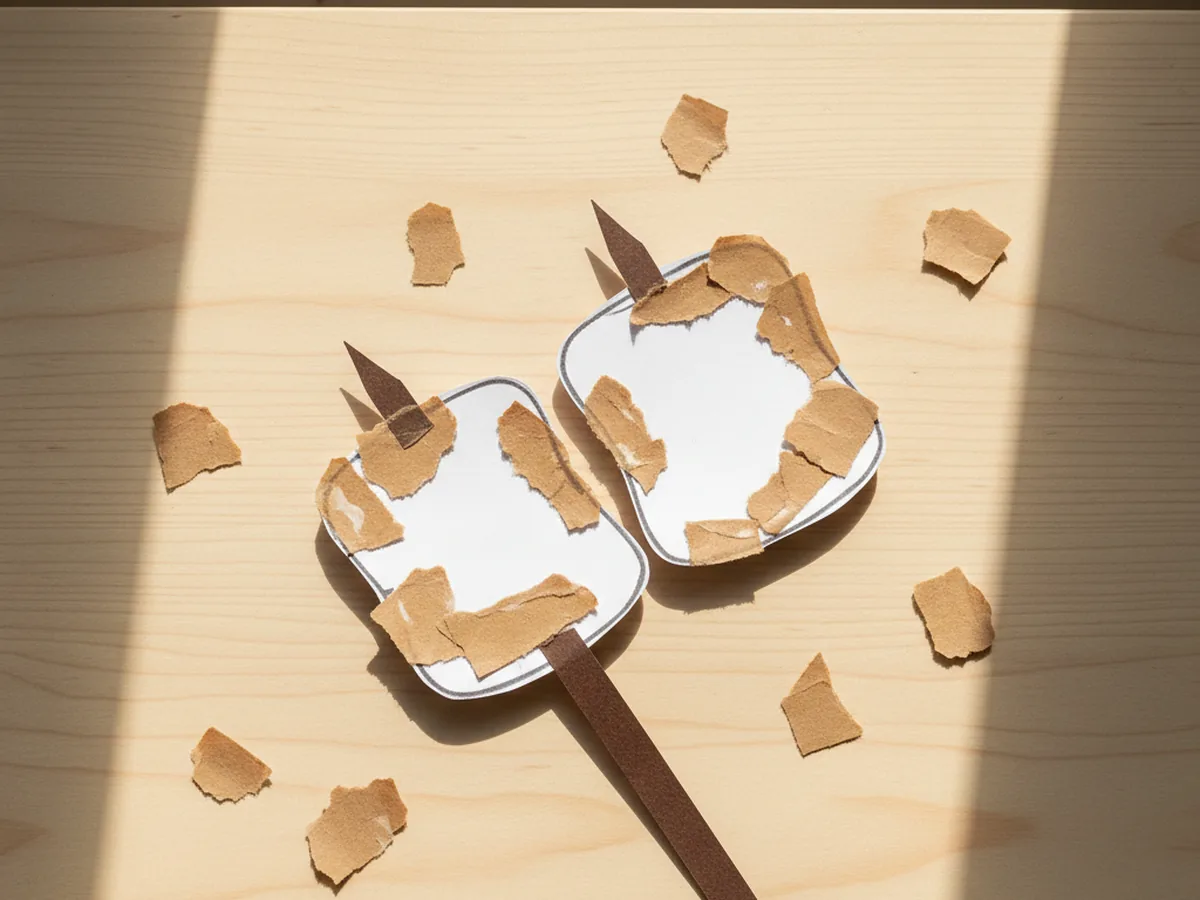 Small torn light brown paper pieces glued onto the edges of two white paper marshmallows on a brown stick for a toasted marshmallow paper craft look