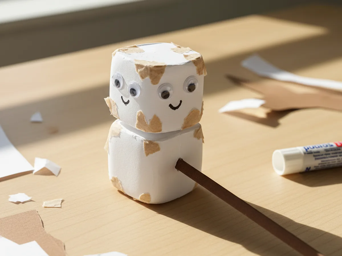 Finished cute marshmallow paper craft with two stacked white paper marshmallows on a brown roasting stick with googly eyes and a small smile, on a wooden craft table