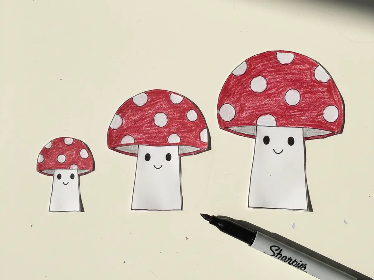 Three tiny paper toadstool mushrooms with red dotted caps and white stems, each stem now decorated with two small black dot eyes and a tiny curved smile, lying on a white craft table with a fine black marker beside them