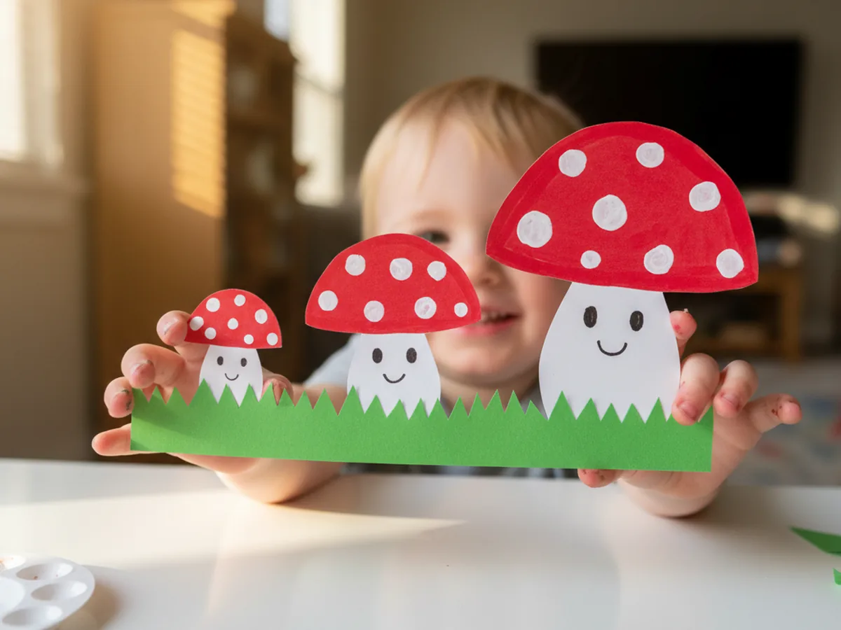 A finished handmade miniature paper craft of three tiny toadstool mushrooms standing in a row on a long green construction paper strip with snipped grass blades along the top edge, each mushroom with a red dotted cap and a smiling white stem, held up by small child hands