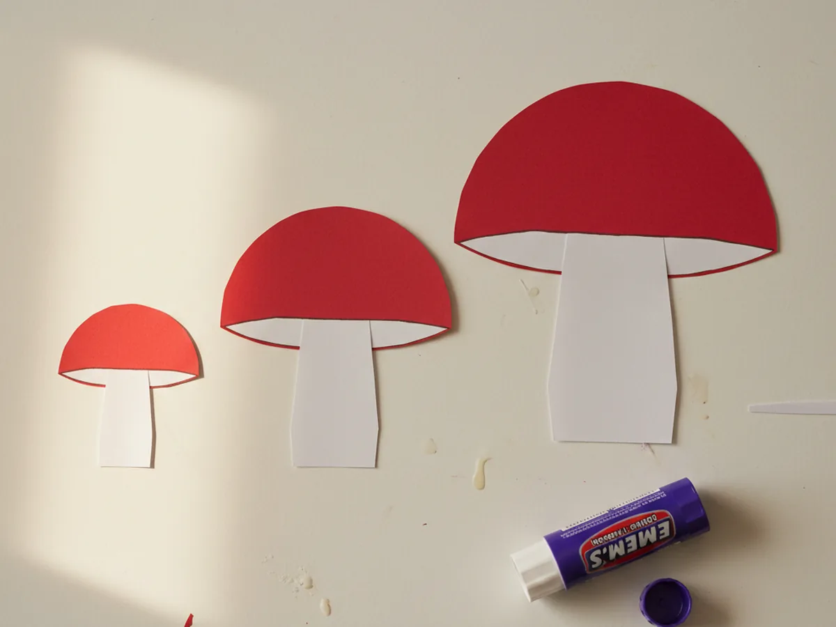 Three tiny paper mushroom shapes assembled by gluing a red cap dome onto each white stem, in small, medium, and large sizes, lying flat on a white craft table next to an open purple glue stick